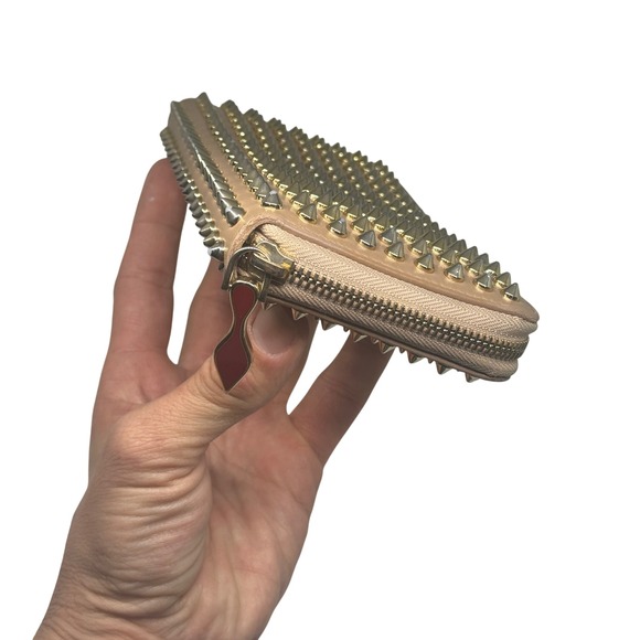 Christian Louboutin Studded Leather Zip‎ Around Wallet Nude Gold Spikes - Picture 7 of 11